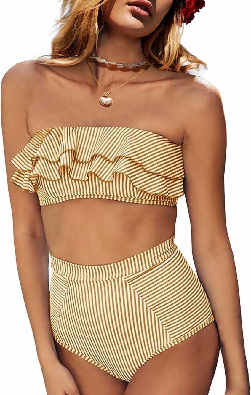 Saodimallsu Women's Striped Ruffle Bandeau High-Waisted Bikini Set